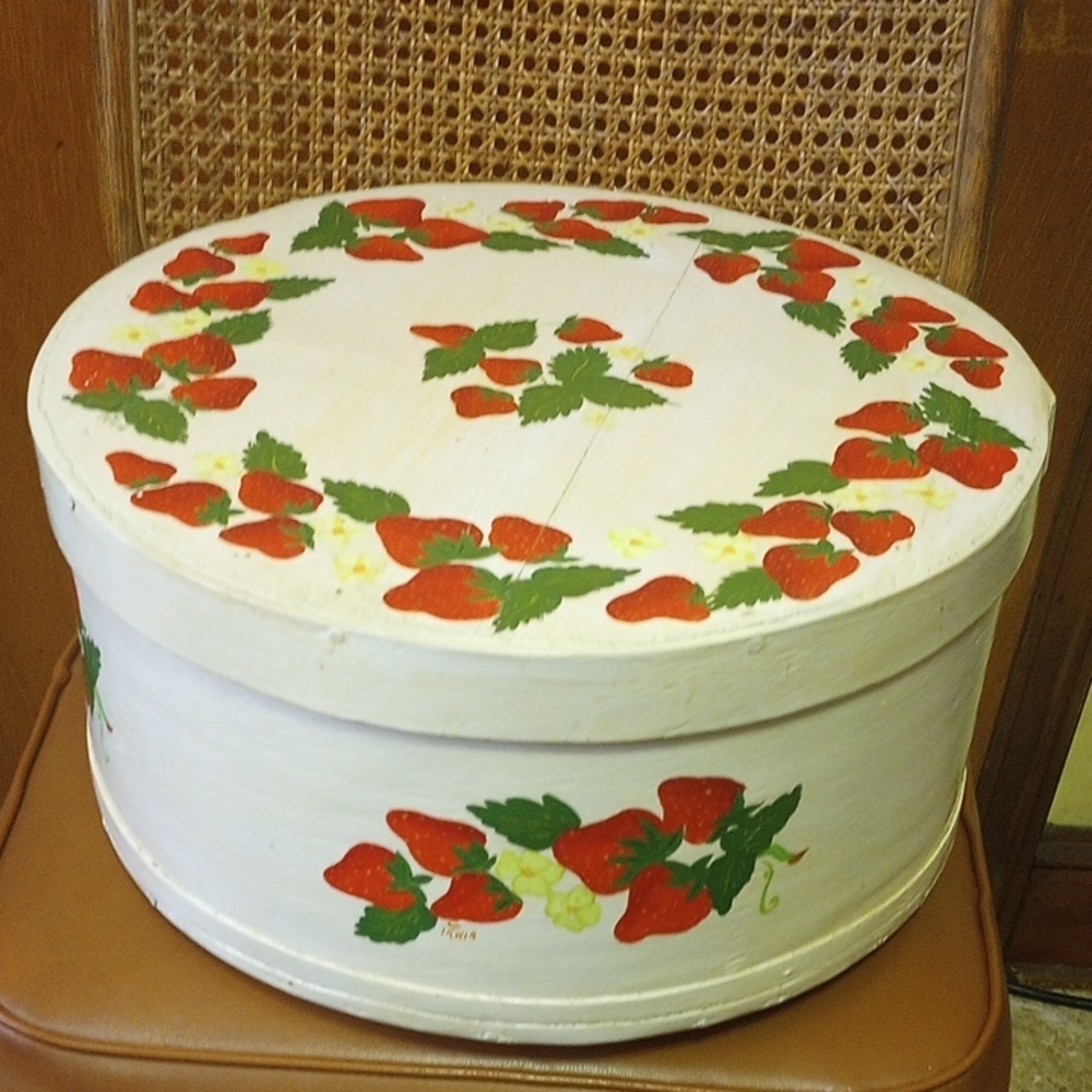 Large Vintage Lined Wood Storage Box. Handpainted Strawberries & Flowers